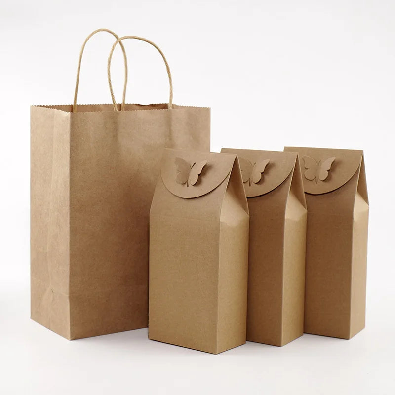 Kraft Paper Bag with Handles Solid Color Gift Packing Bags for Store Clothes Wedding Christmas Supplies Handbags